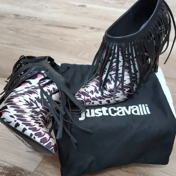 Just Cavalli Black and Purple Satin Boot With Black Leather Fringe Overlay - Picture 2 of 8